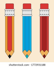 three pencil with eraser on top. the first is pencil and the two pencil is color pencil.  