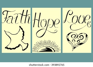 three pencil pictures with the words from the hand of Faith, Hope, Love