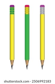 Three pencils with different color combinations. The gradients create an illusion that looks realistic. Each pencil has an eraser at its top. This is an illustration of pencils.