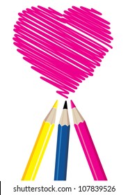Three pencils drawing heart shape vector illustration.