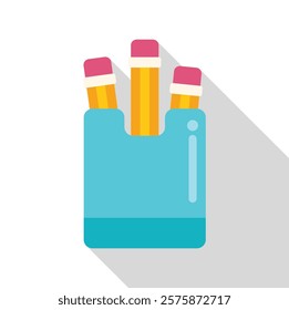 Three pencils with erasers standing in a blue pencil holder, simple vector illustration with long shadow