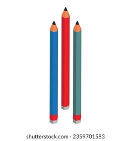 three pencils in isometric style on a white background. The pencils are blue, red, and green.