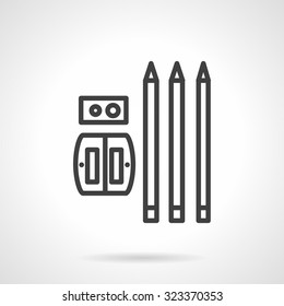 Three pencils and pencil sharpener. Black simple line style vector icon. School supplies and items. Elements of web design for business.