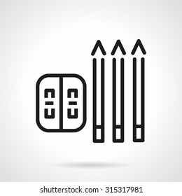 Three pencils and sharpener. Simple flat line vector icon.  School supplies and items for designers, engineers. Elements of web design for business and website.