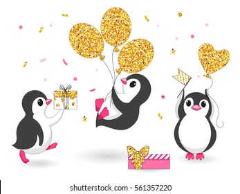 Three penguin balloons with gold sparkles and confetti. Vector illustration.