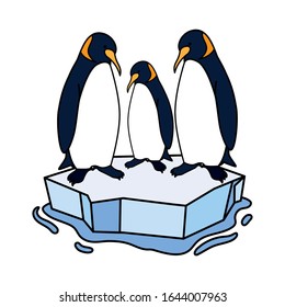 three penguin on an ice floe drifting vector illustration design