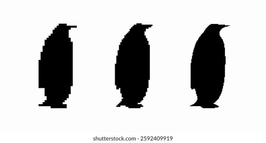Three penguin silhouettes standing together, each facing the same direction, emphasizing simple shapes.
