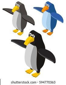 Three penguins in 3D design illustration