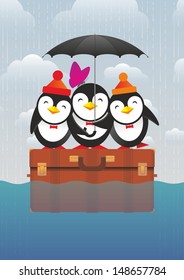 Three penguins and butterfly under the umbrella floating on a suitcase