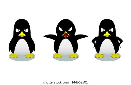 Three penguins in different levels of anger