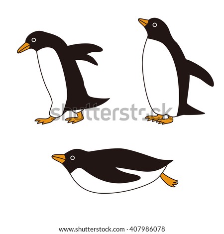 Three penguins with different poses, walking and sliding