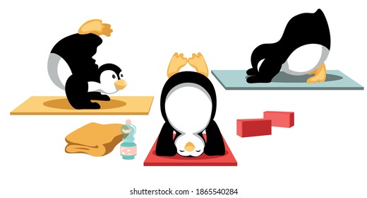 Tres pingüinos están haciendo yoga para equilibrar la inversión. Todas las asanas son cuidadas, hay alegría y fuerza que el yoga puede traer. Ilustración vectorial aislada en fondo blanco.