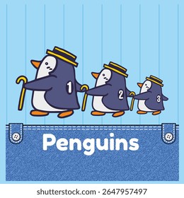 three penguins are marching , Animal Cartoon, Flat Vector Illustration isolated