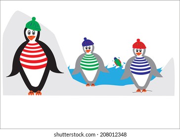 Tres pingüinos en el hielo