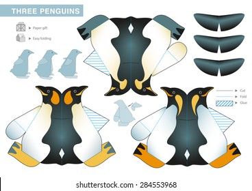 Three Penguins Paper Model. Cut-outs for children. Small home craft project or printable paper gift. Vector template.