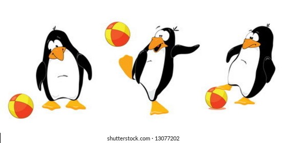 Three penguins playing wtih ball