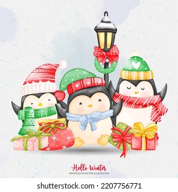 Three Penguins with scarf. Christmas illustrations