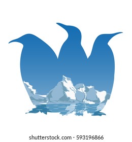 Three penguins silhouette concept with beautiful arctic snowy mountain landscape inside isolated vector illustration
