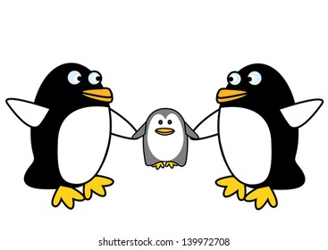 Three penguins standing hand in hand, illustrator