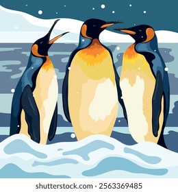 Three penguins standing in the snow
