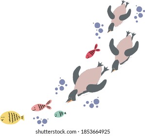Three penguins swimming with fish