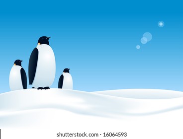 three penguins waiting. All elements layered separataly in vector file. mesh used.