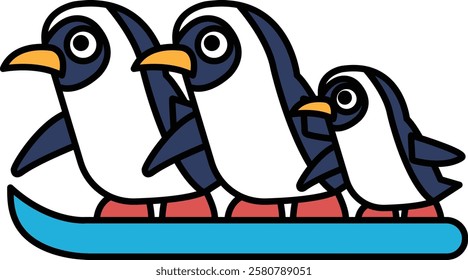 Three penguins are walking on a blue surfboard. The penguins are wearing red shoes