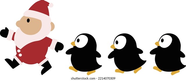 Three penguins walking with Santa