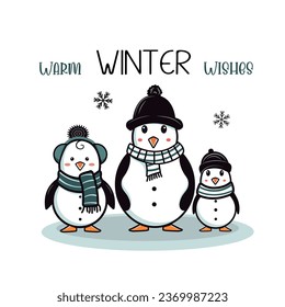 Tres pingüinos con pañuelos calientes. Ilustración de bienvenida de invierno