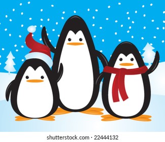 Three penguins waving at camera