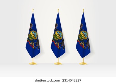 Three Pennsylvania flags in a row on a golden stand, illustration of press conference and other meetings. Vector illustration.