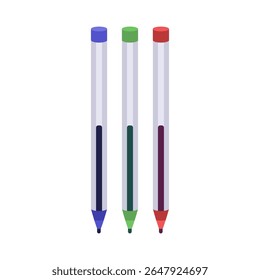 Three pens with different colors. One is blue, one is green, and one is red. Vector illustration in a flat style