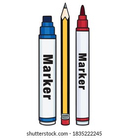 tres bolígrafos. marcador permanente y lápiz. azul, gris, rojo.