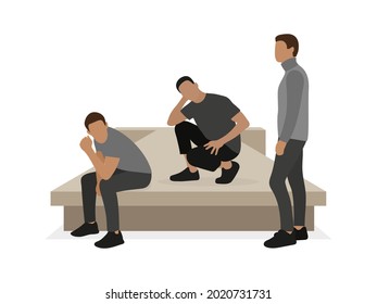 Three pensive male characters near the podium on a white background