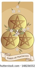 Three of pentacles. Tarot cards. Three golden pentacles surrounded by orange blossom flowers