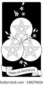 Three of pentacles. Tarot cards. Three golden pentacles surrounded by orange blossom flowers