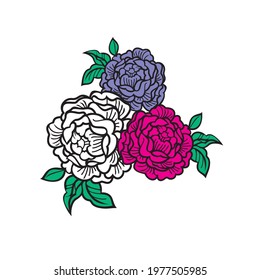 Three peonies on a white background.