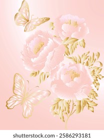 three peonies and two butterflies with a pink gradient on a pink background