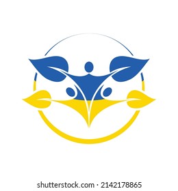 Three people abstract people silhouettes Ukrainian national colours isolated on white background