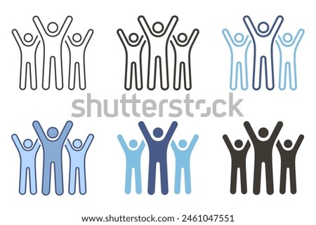 Three people with arms and hands up celebrating icon. Teamwork celebration, success, characters cheering. Vector graphic elements