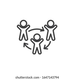 Three people and arrows line icon. linear style sign for mobile concept and web design. Staff or Employee Replacement outline vector icon. Symbol, logo illustration. Vector graphics