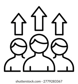 Three people with arrows pointing up above their heads in a line icon