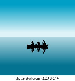 Three people in a boat silhouettes over blue water