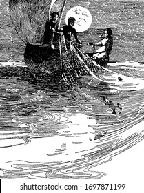 Three people in boat in the water catching fish with fishing net, moon in background, vintage line drawing or engraving illustration