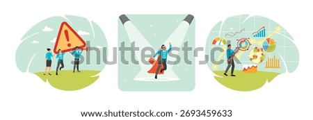 Three people carrying attention sign with loud speaker, for caution symbols or urgent notifications. A businessman superhero with a shining spotlight. Businessman uses a magnifying glass to explore.