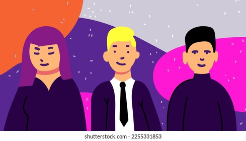 Tres personas en un estilo de caricatura con un fondo de color. Ilustración vectorial, diseño, impresión, recursos web. Envasado. Estilo dibujado a mano. Caricatura. Plano.