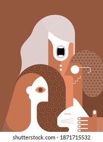 Three people and a cat flat design vector illustration. Smiling man with glasses stroking a cat. 