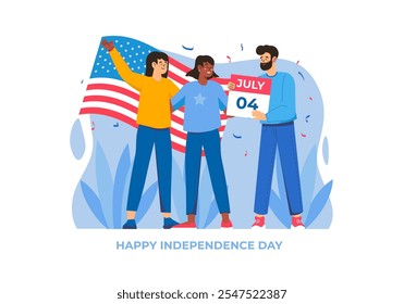 Tres personas celebran el Día de la Independencia con una bandera estadounidense y un cartel del 4 de julio. Están sonriendo y vestidos con atuendos festivos. Ilustración vectorial