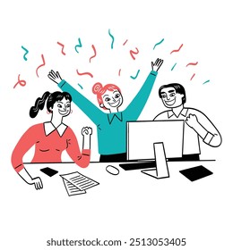 Three people celebrating at a desk with a computer, colorful confetti above. They appear cheerful and excited, possibly for a job well done or successful project completion