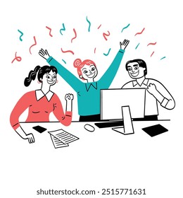 Three people celebrating at a desk with a computer and colorful confetti above them. They look cheerful and excited. Hand drawing vector illustration.